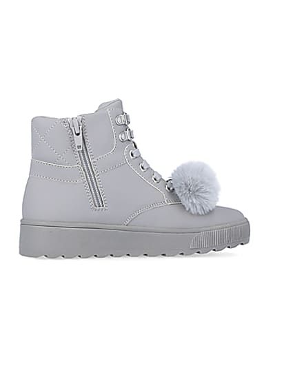 360 degree animation of product Girls Grey Pom Pom Quilted High Top Boots frame-14