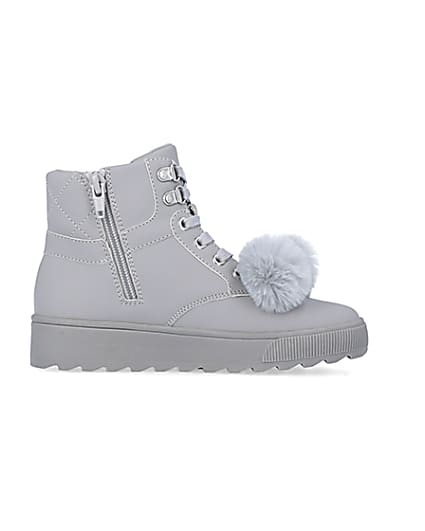 360 degree animation of product Girls Grey Pom Pom Quilted High Top Boots frame-15