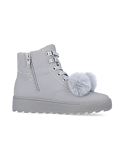 360 degree animation of product Girls Grey Pom Pom Quilted High Top Boots frame-16