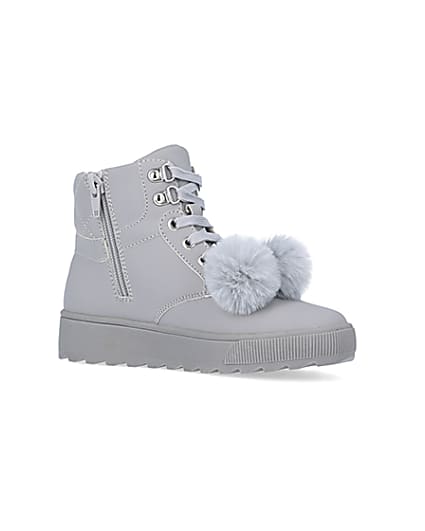 360 degree animation of product Girls Grey Pom Pom Quilted High Top Boots frame-17