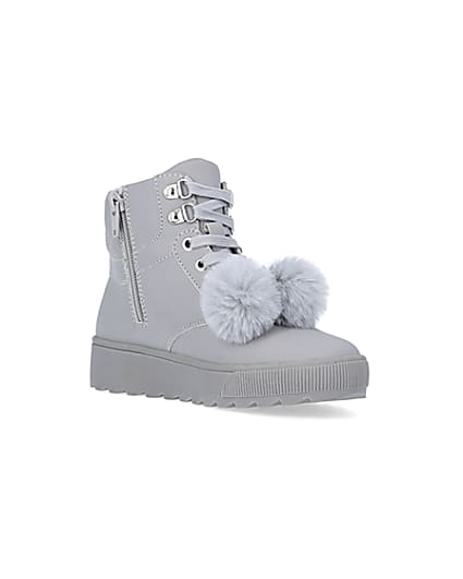 360 degree animation of product Girls Grey Pom Pom Quilted High Top Boots frame-18