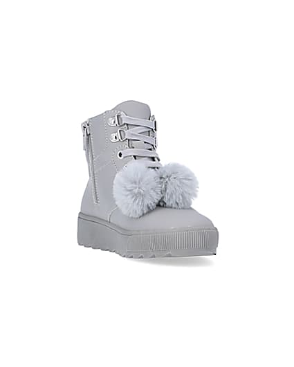 360 degree animation of product Girls Grey Pom Pom Quilted High Top Boots frame-19