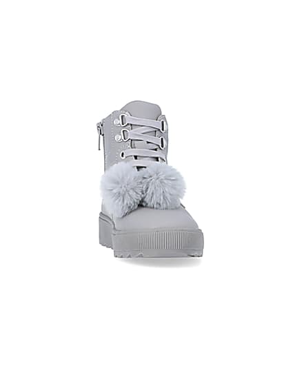 360 degree animation of product Girls Grey Pom Pom Quilted High Top Boots frame-20
