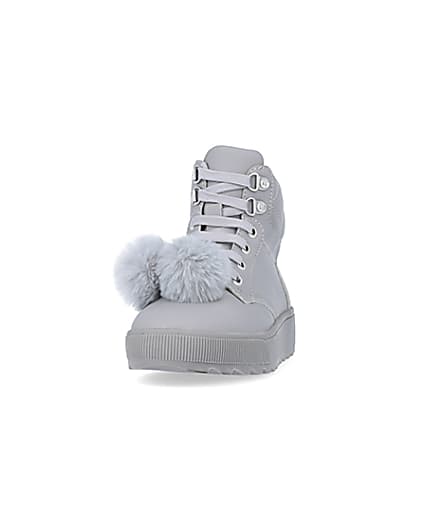 360 degree animation of product Girls Grey Pom Pom Quilted High Top Boots frame-22