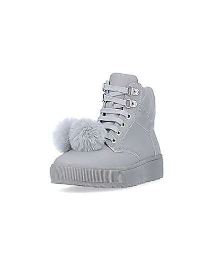 360 degree animation of product Girls Grey Pom Pom Quilted High Top Boots frame-23