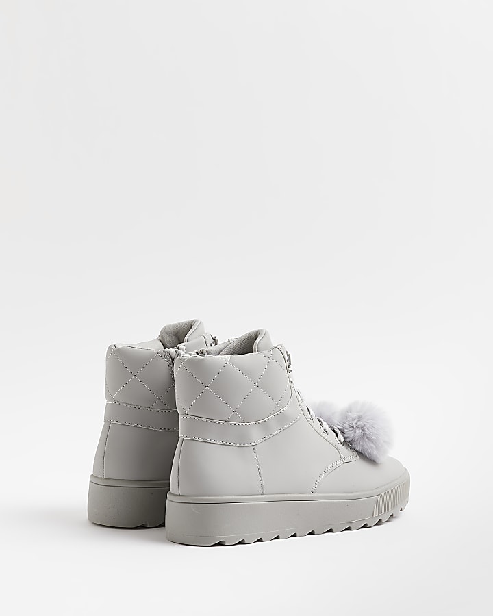 Girls Grey Pom Pom Quilted High Top Boots