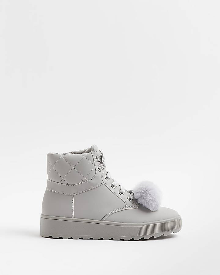 Girls Grey Pom Pom Quilted High Top Boots
