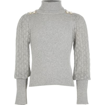 Girls grey puff sleeve roll neck jumper | River Island