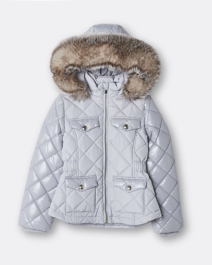 Girls grey quilted puffer hooded coat