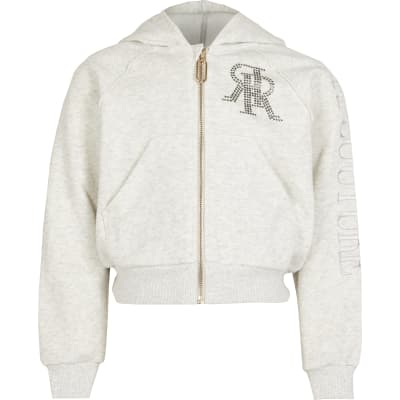 Girls Grey Ri Diamante Zip Through Hoodie River Island