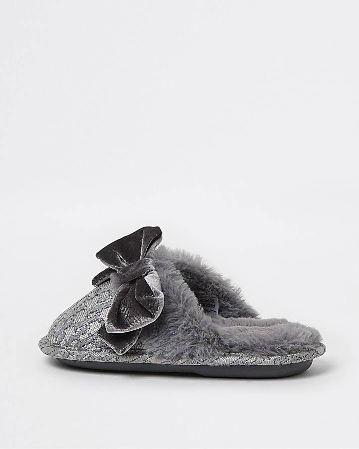 Girls grey RI jacquard bow slippers