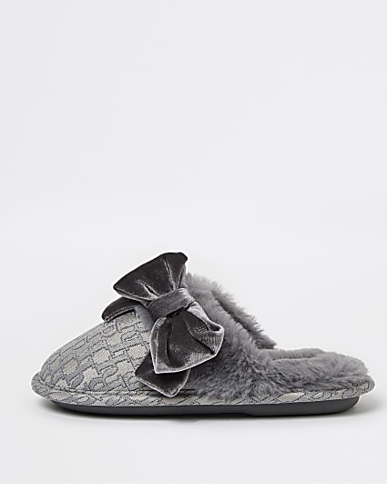 Girls grey RI jacquard bow slippers