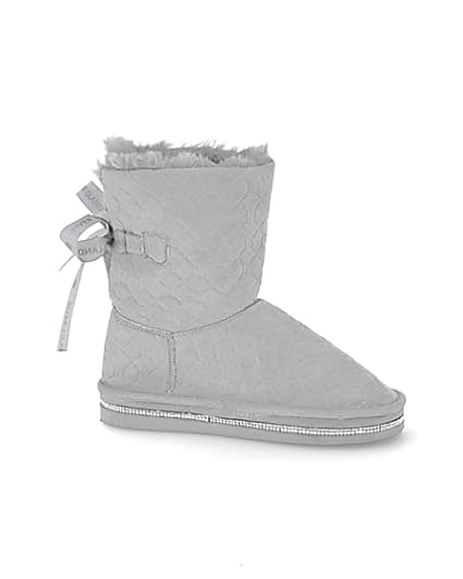 360 degree animation of product Girls grey RI monogram faux fur boots frame-16