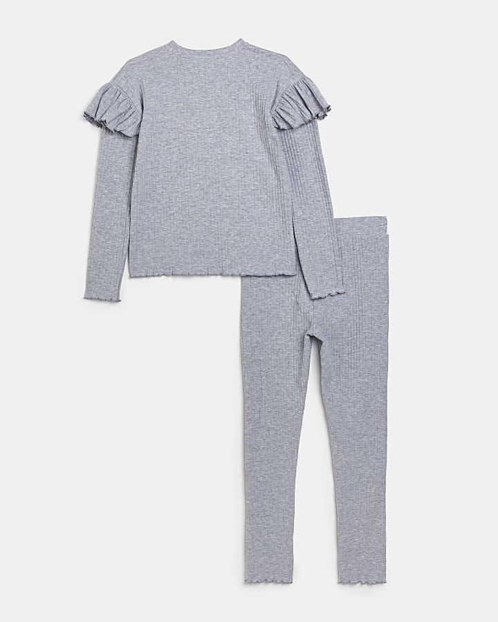 Girls Grey Ribbed frill top outfit