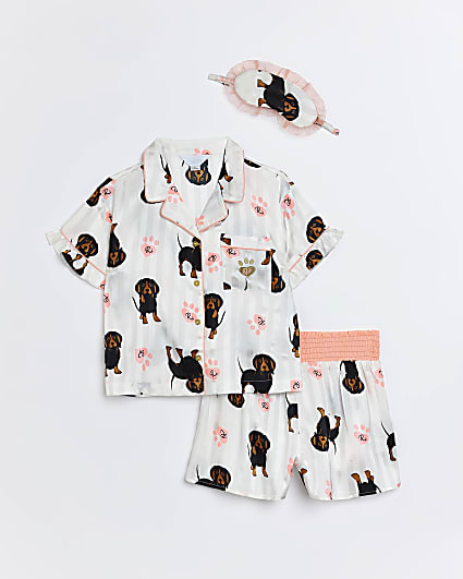 Girls Grey Sausage Dog Satin Pyjama Set
