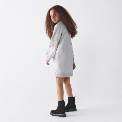 Girls grey sequin sweatshirt jumper dress River Island