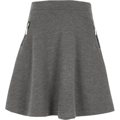 Girls grey side zip ribbed skater skirt