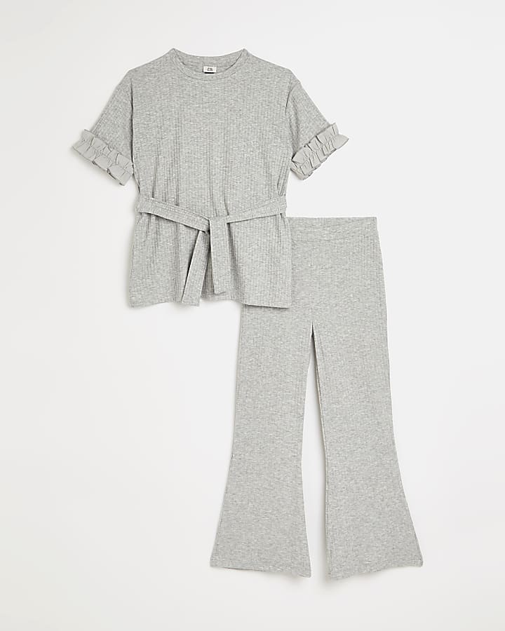 Girls grey soft ribbed belted outfit