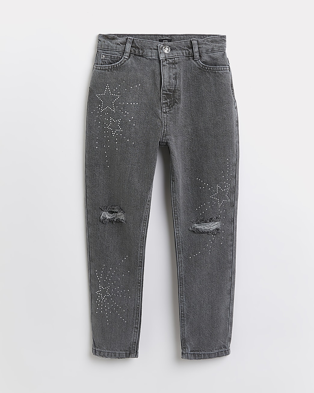 Girls grey star burst design ripped mom jeans
