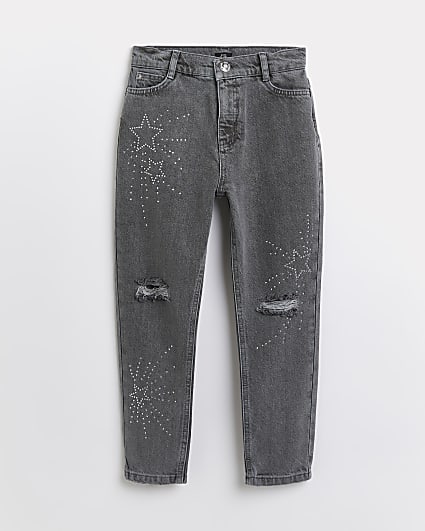 Girls grey star burst design ripped mom jeans