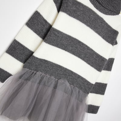 Girls Grey Stripe tulle skirt jumper Dress