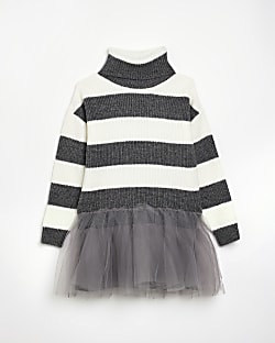 Girls Grey Stripe tulle skirt jumper Dress