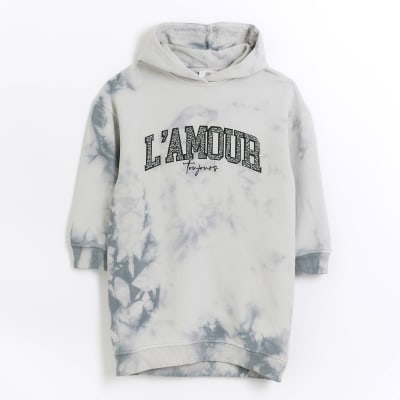 Girls grey tie dye hooded sweater dress | River Island