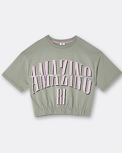 Girls khaki 'Amazing' bling cinched t-shirt