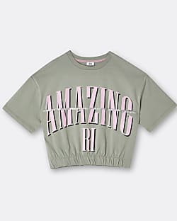 Girls khaki 'Amazing' bling cinched t-shirt