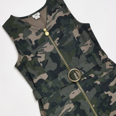 Girls Khaki Camo Zip Front Pinafore Dress