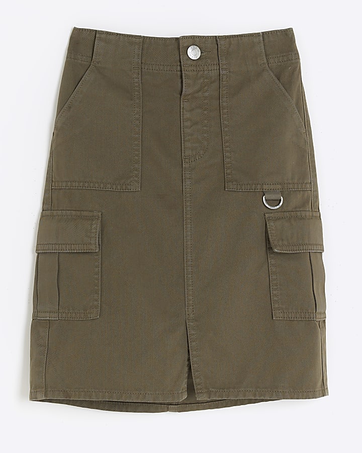 Girls khaki cargo midi skirt | River Island