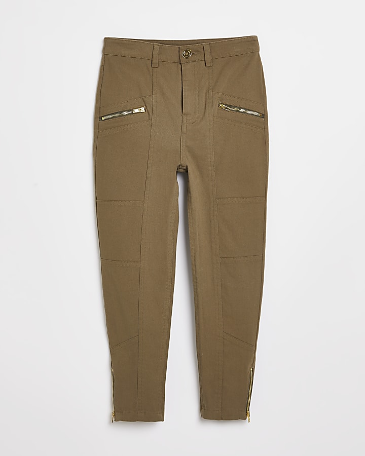 Girls khaki cargo zip trousers