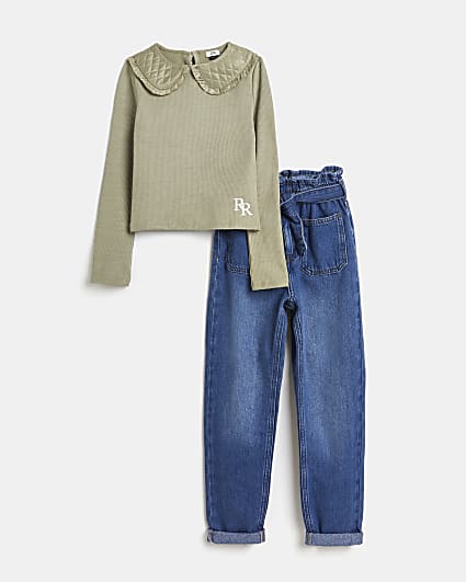 Girls khaki collar top and paper bag jeans