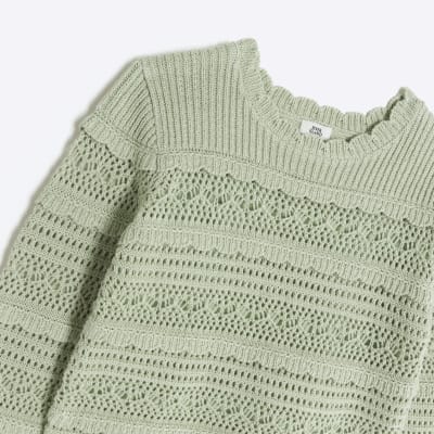 Girls khaki crochet metallic jumper | River Island