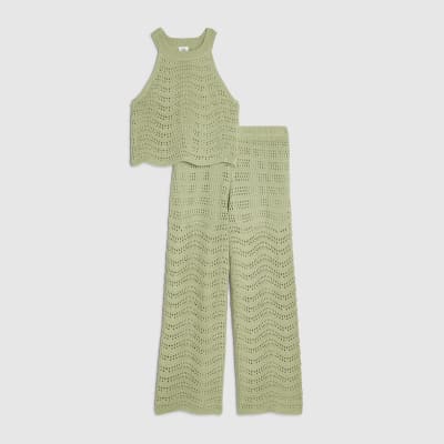 Girls Khaki Crochet Top & Trouser set