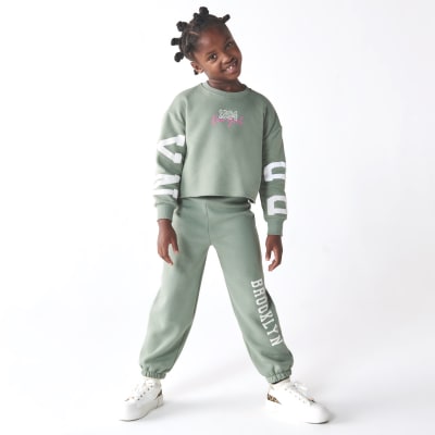 Girls khaki crop sweatshirt and joggers set River Island