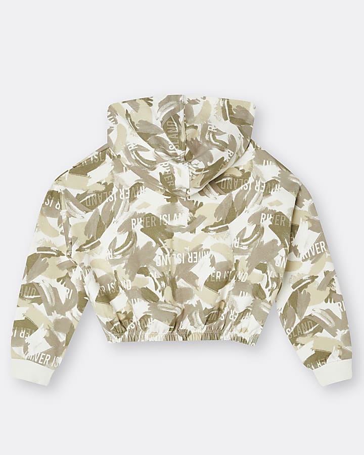 Girls khaki cropped camo print hoodie