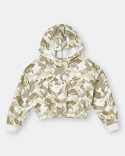 Girls khaki cropped camo print hoodie