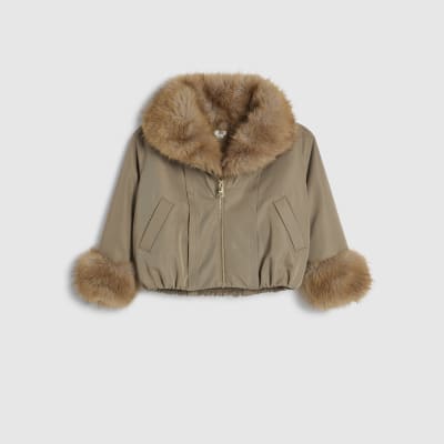 Girls Khaki Faux Fur Collar Bomber Jacket