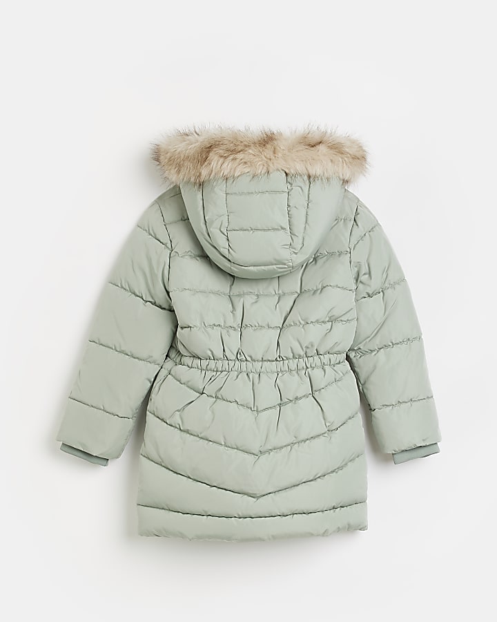 Girls khaki faux fur trim hooded puffer coat