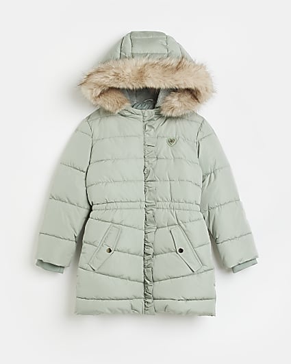 Girls khaki faux fur trim hooded puffer coat
