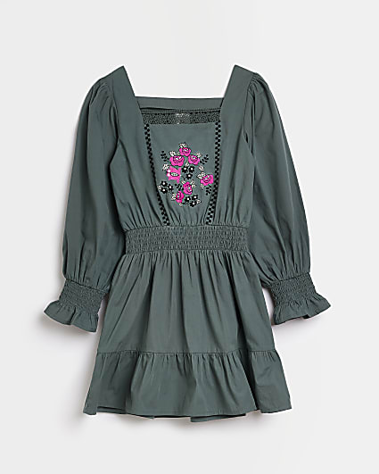 Girls Khaki floral embroidered frill dress