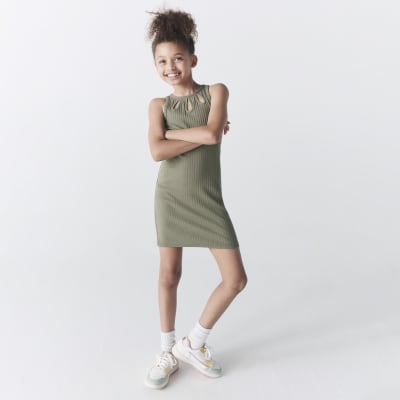 Girls Khaki Halter Cut Out Ribbed Dress