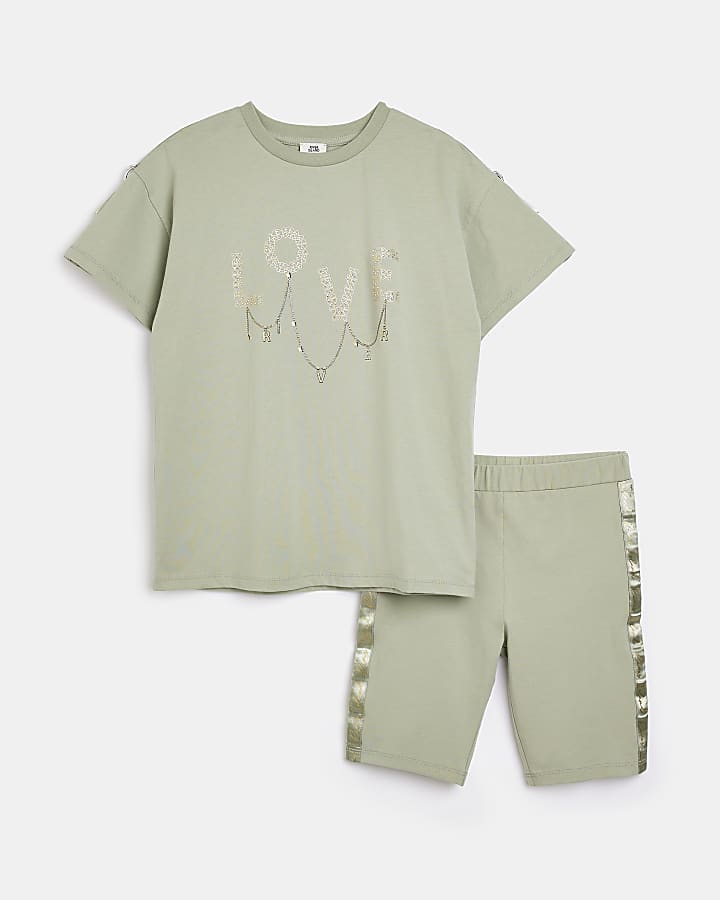 Girls khaki 'Love' t-shirt and shorts outfit