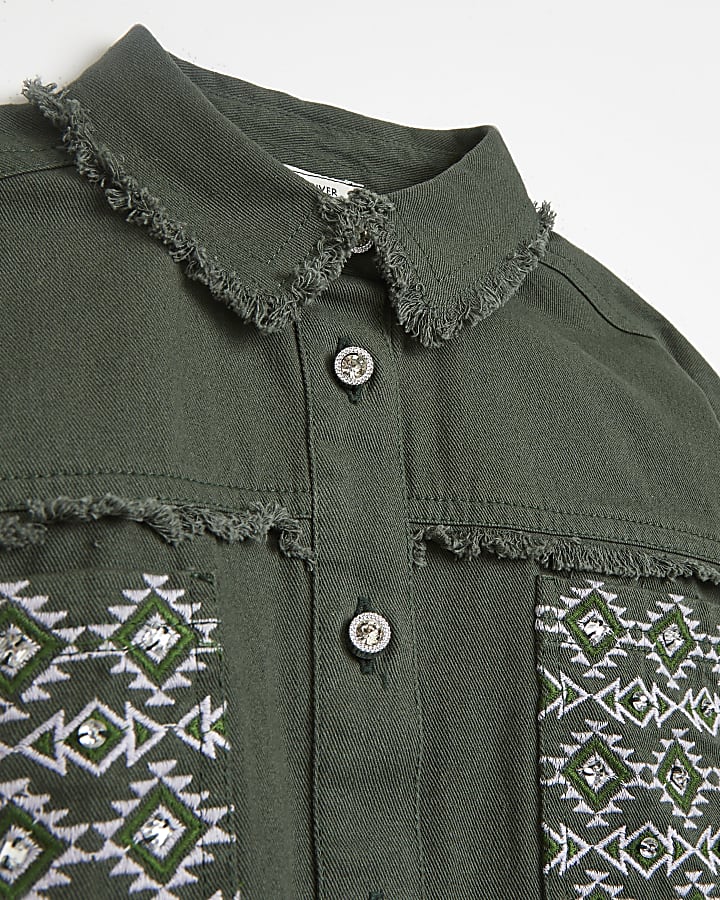 Girls khaki oversized embroidered shirt
