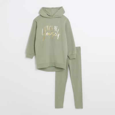 Girls khaki oversized hoodie and leggings set | River Island