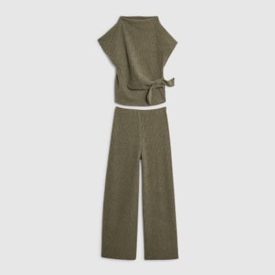Girls Khaki Rib Twist Top and Trousers Set