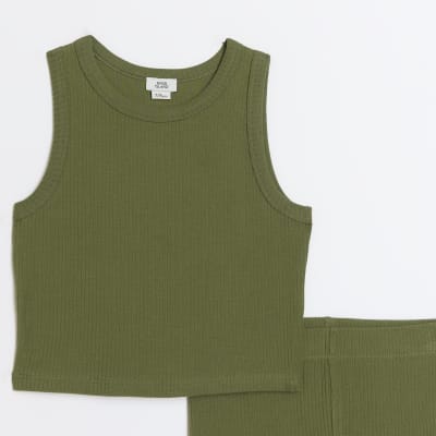 Girls khaki ribbed tank and leggings outfit River Island