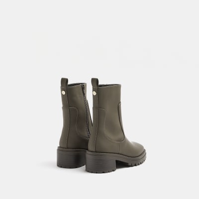 Girls khaki rubberised heeled boots