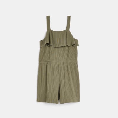 Girls khaki tie waist ribbed playsuit